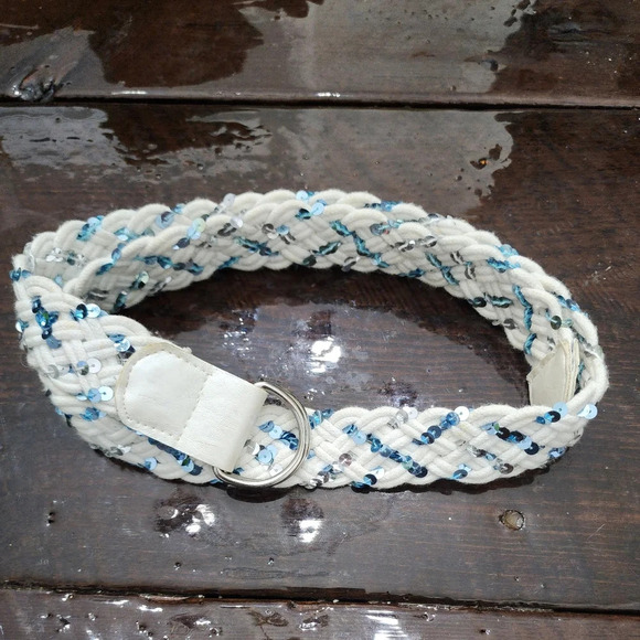 👸👖🩳  White Braided D-ring Belt with blue & silver sequins - Picture 6 of 13